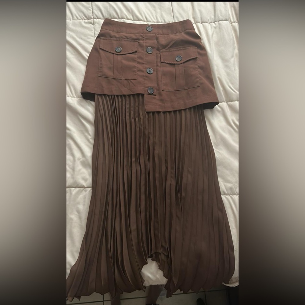 Patchwork Asymmetrical Pleated Buttoned Midi Skirt - image 2